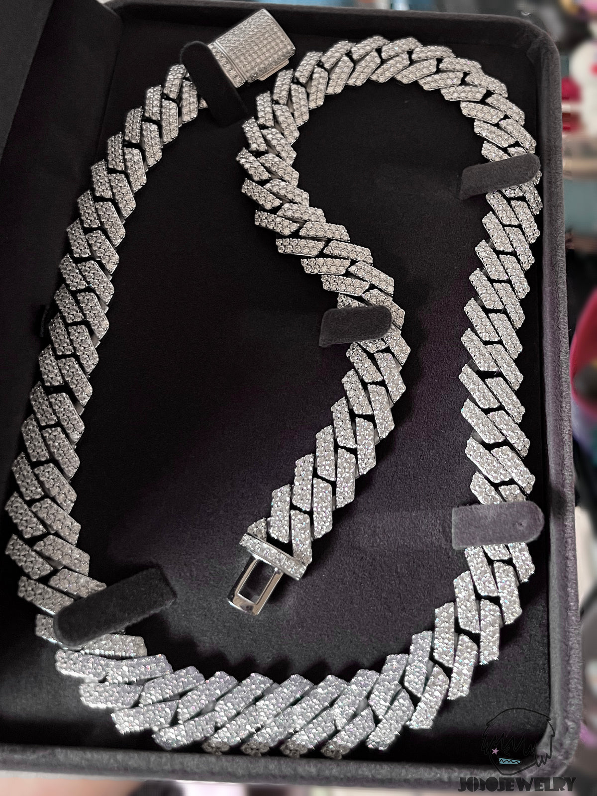 14mm Solid Silver Moissanite 2-Row Diamond-Cut Miami Cuban Link Chain