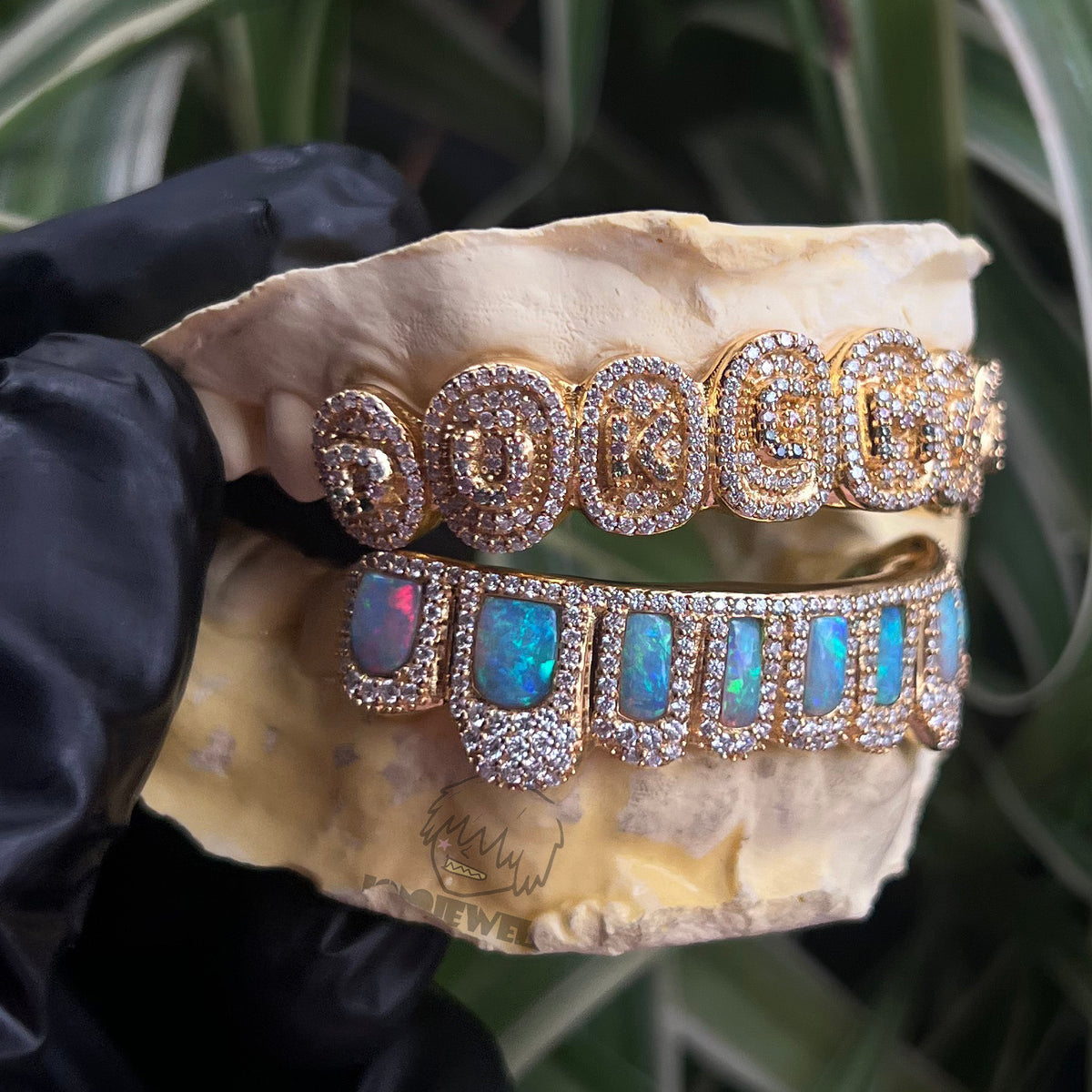 Custom Iced Out Gold Grillz with Opal Inlay