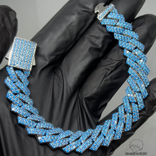 12mm Solid Silver Blue Spinel Stone Cuban Link Chain Bracelet