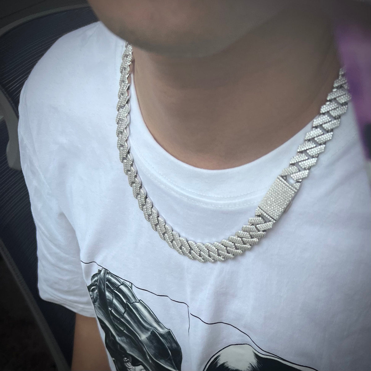 14mm Solid Silver 3-Row Moissanite Diamond-Cut Miami Cuban Link Chain