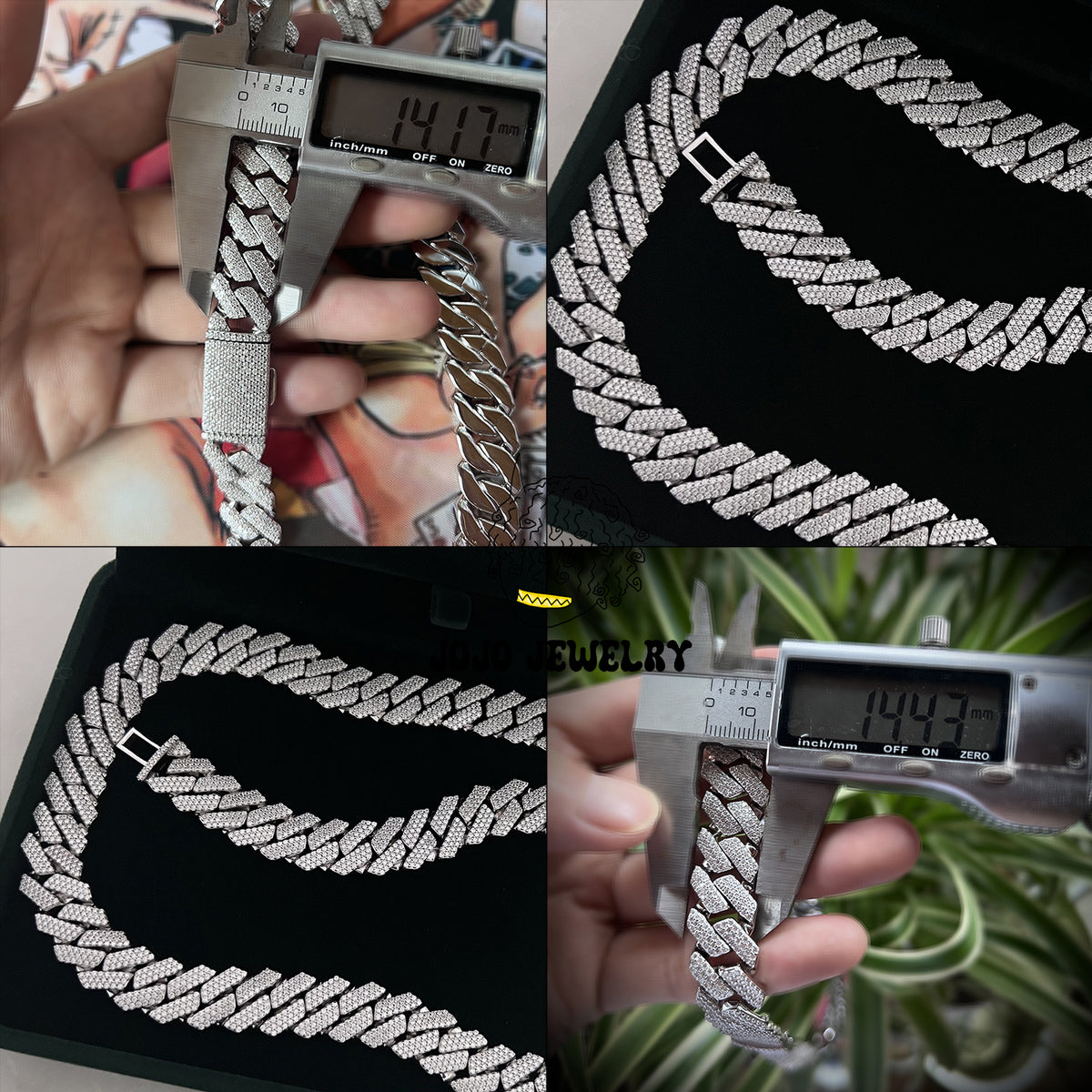 14mm Solid Silver 3-Row Moissanite Diamond-Cut Miami Cuban Link Chain