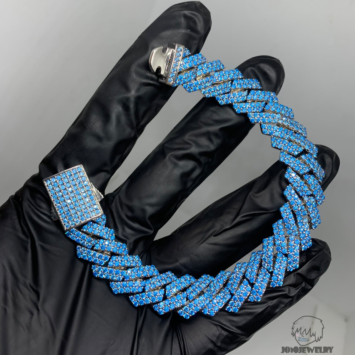 12mm Solid Silver Blue Spinel Stone Cuban Link Chain Bracelet