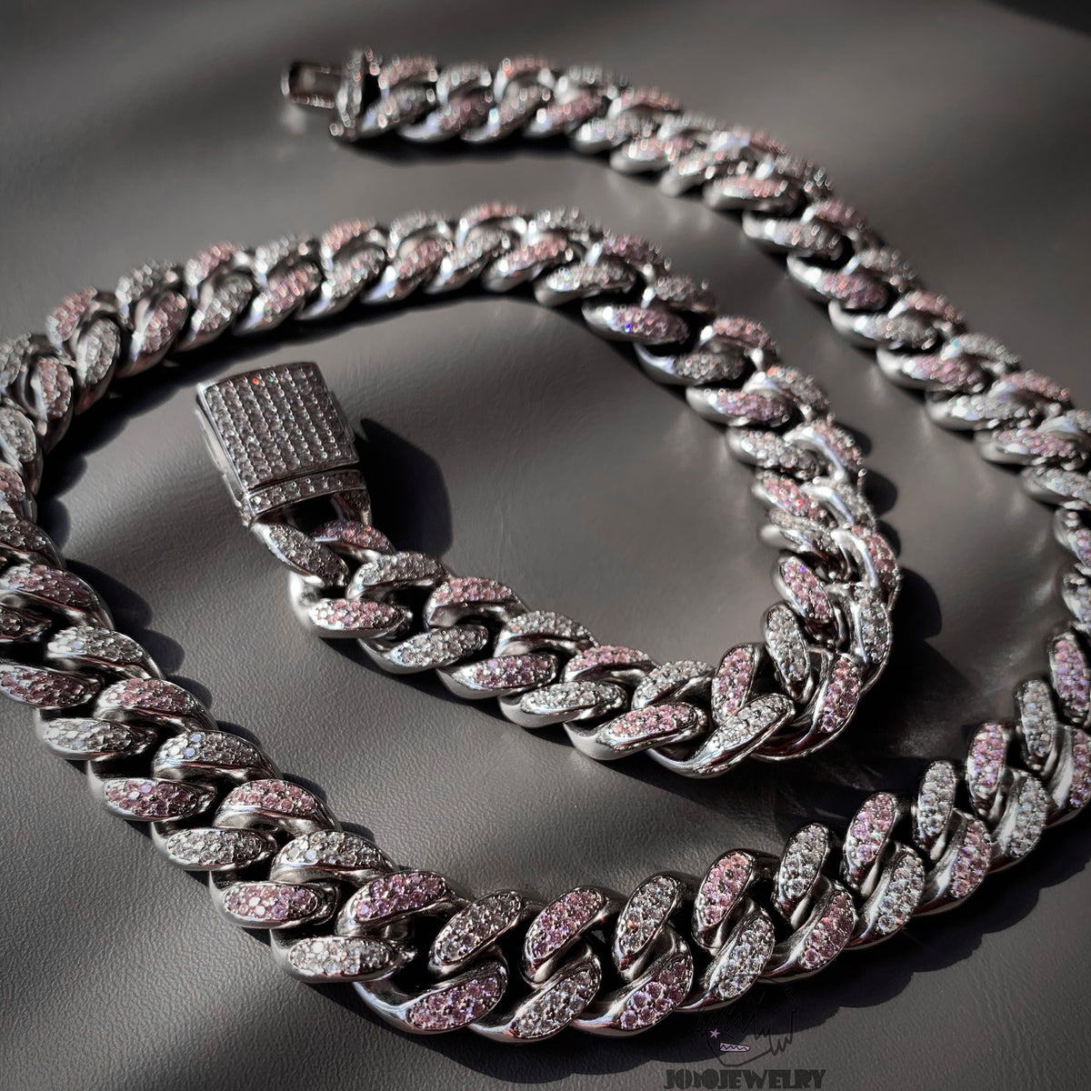 12mm 925 Sterling Silver Moissanite & Pink Corundum Two-Tone Cuban Link Chain