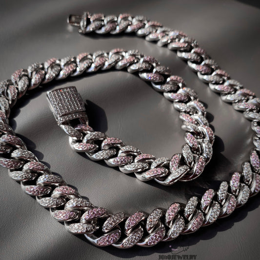 12mm 925 Sterling Silver Moissanite & Pink Corundum Two-Tone Cuban Link Chain