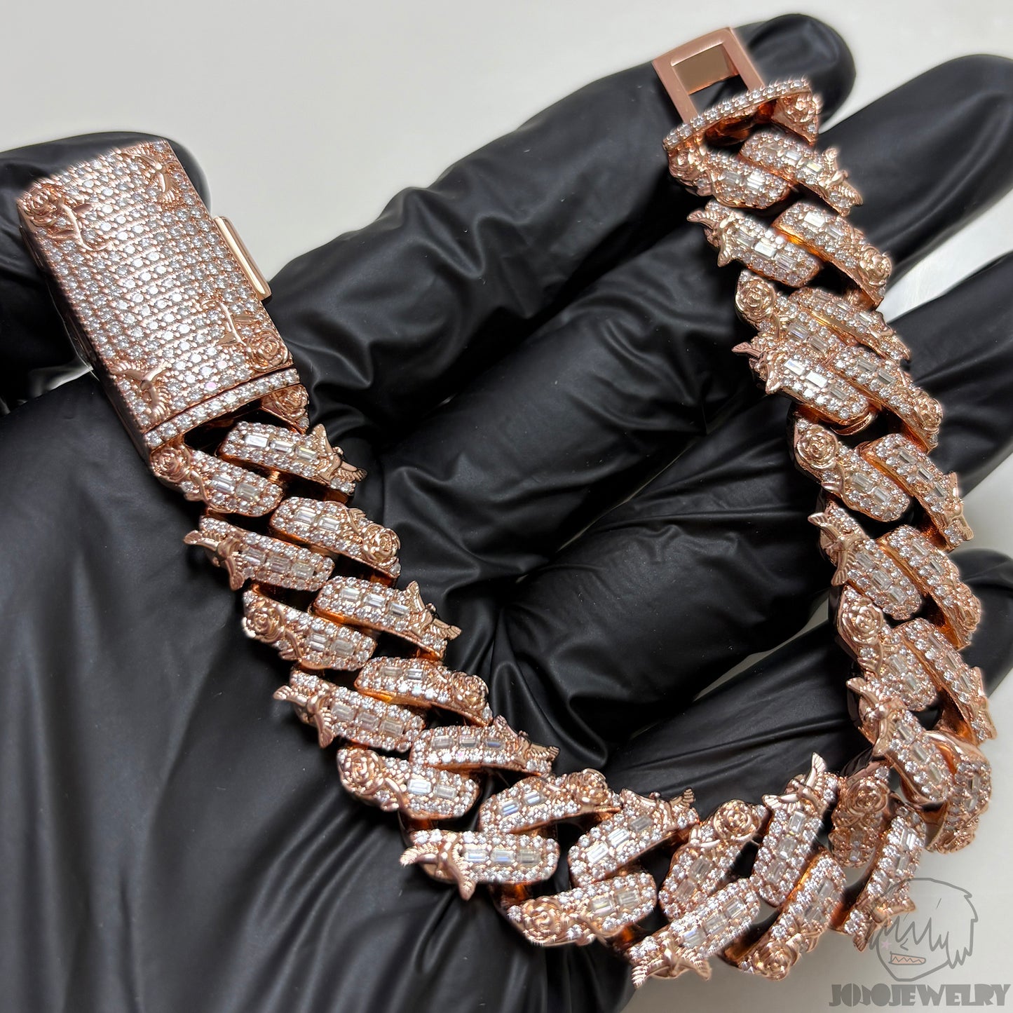 16mm Baguette Rose & Dove Cuban Link Chain Moissanite