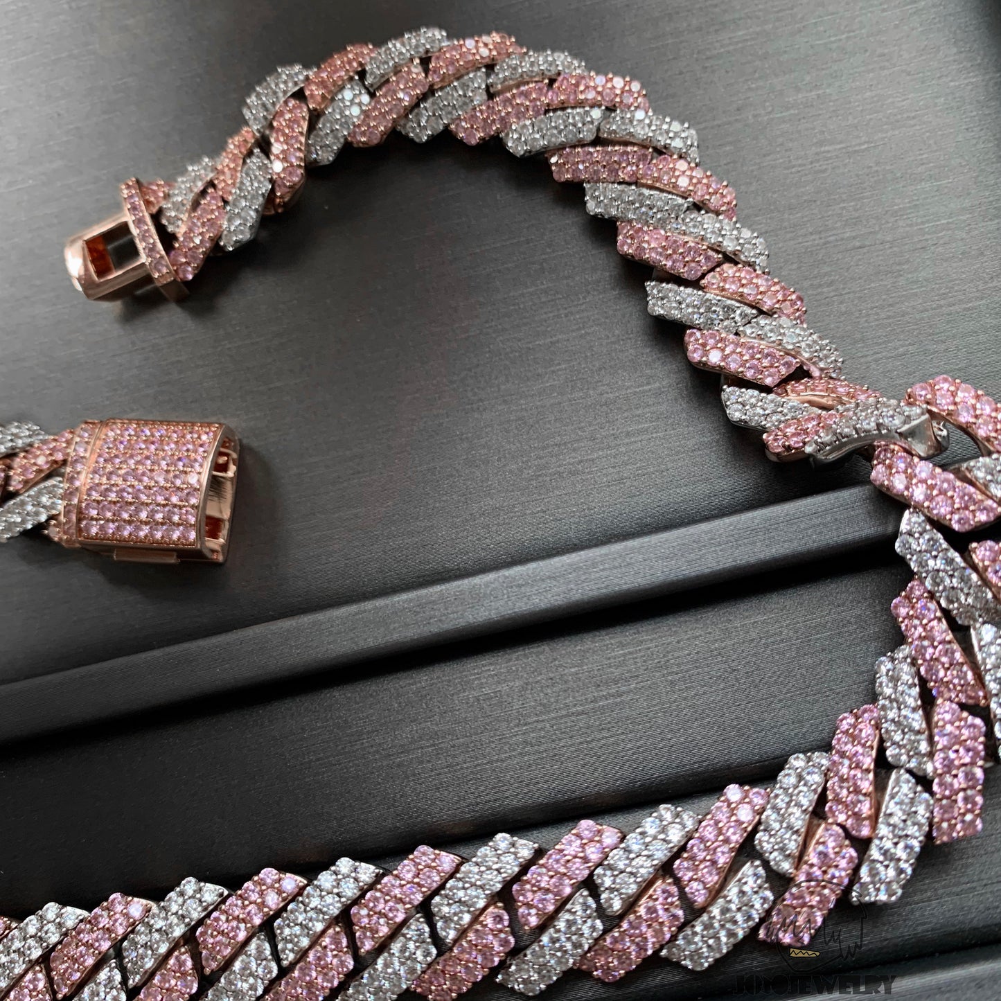 15mm 925 Silver Moissanite Two-Tone Pink & White Cuban Chain