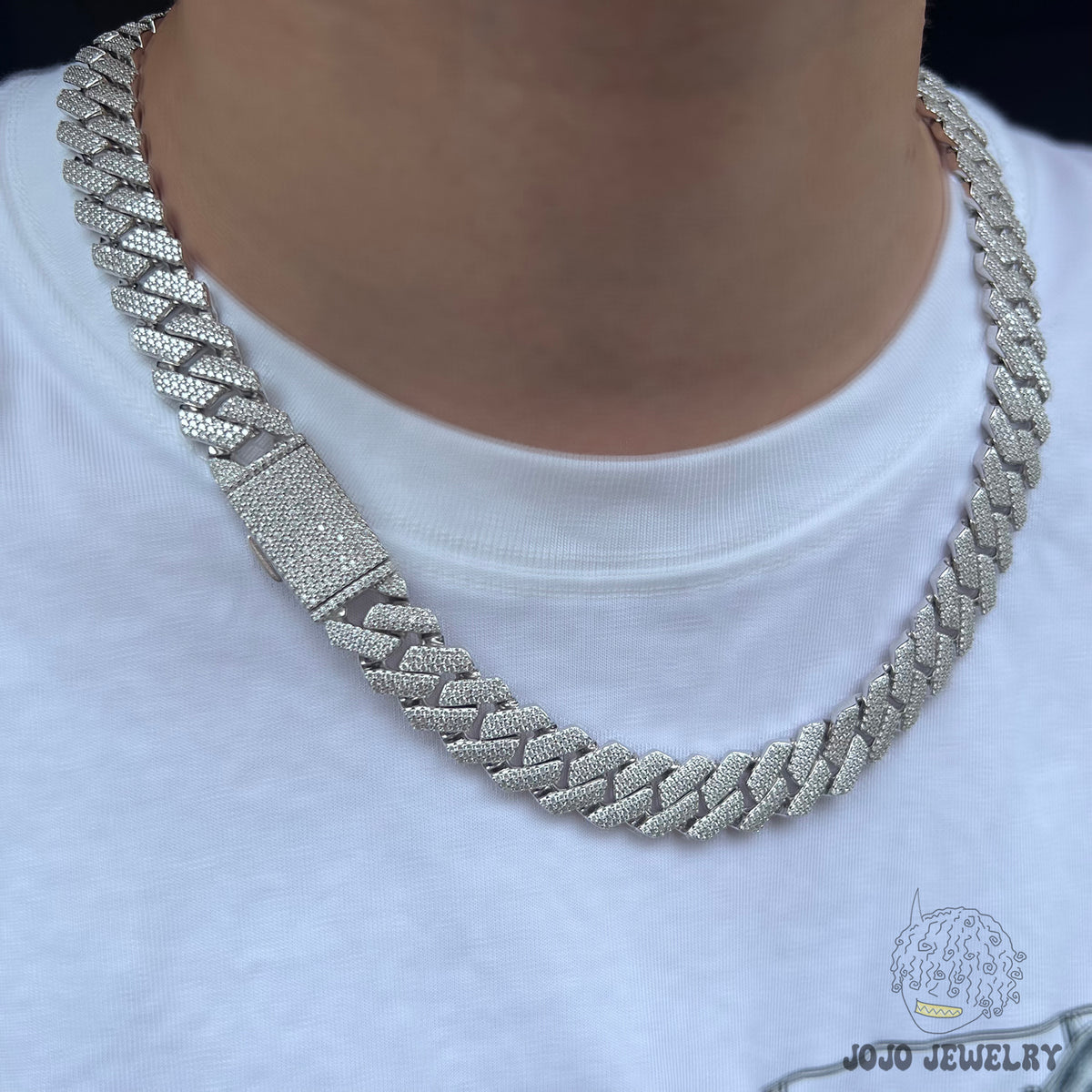 14mm Solid Silver 3-Row Moissanite Diamond-Cut Miami Cuban Link Chain