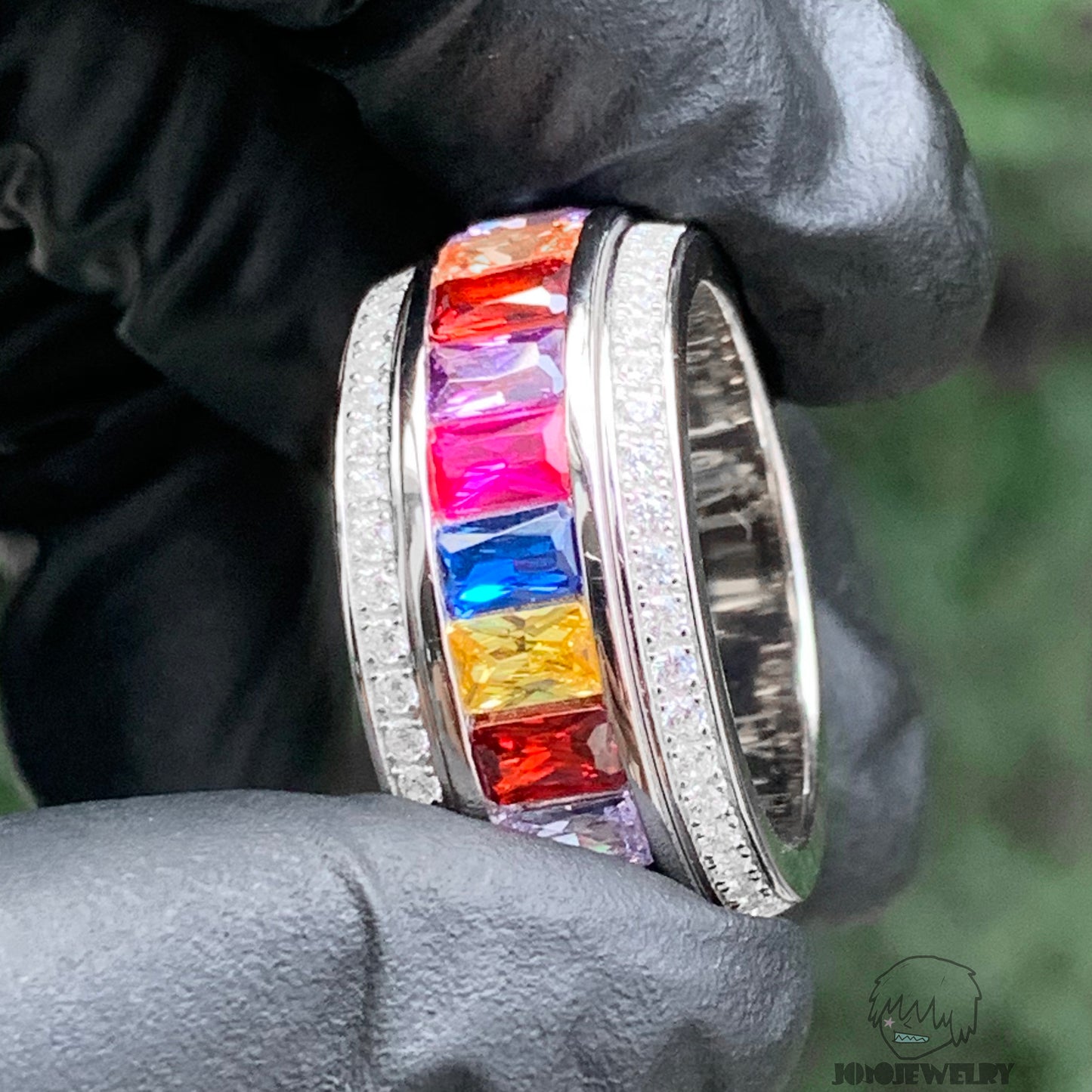 15mm Colorful Rotating Moissanite Ring – 925 Sterling Silver