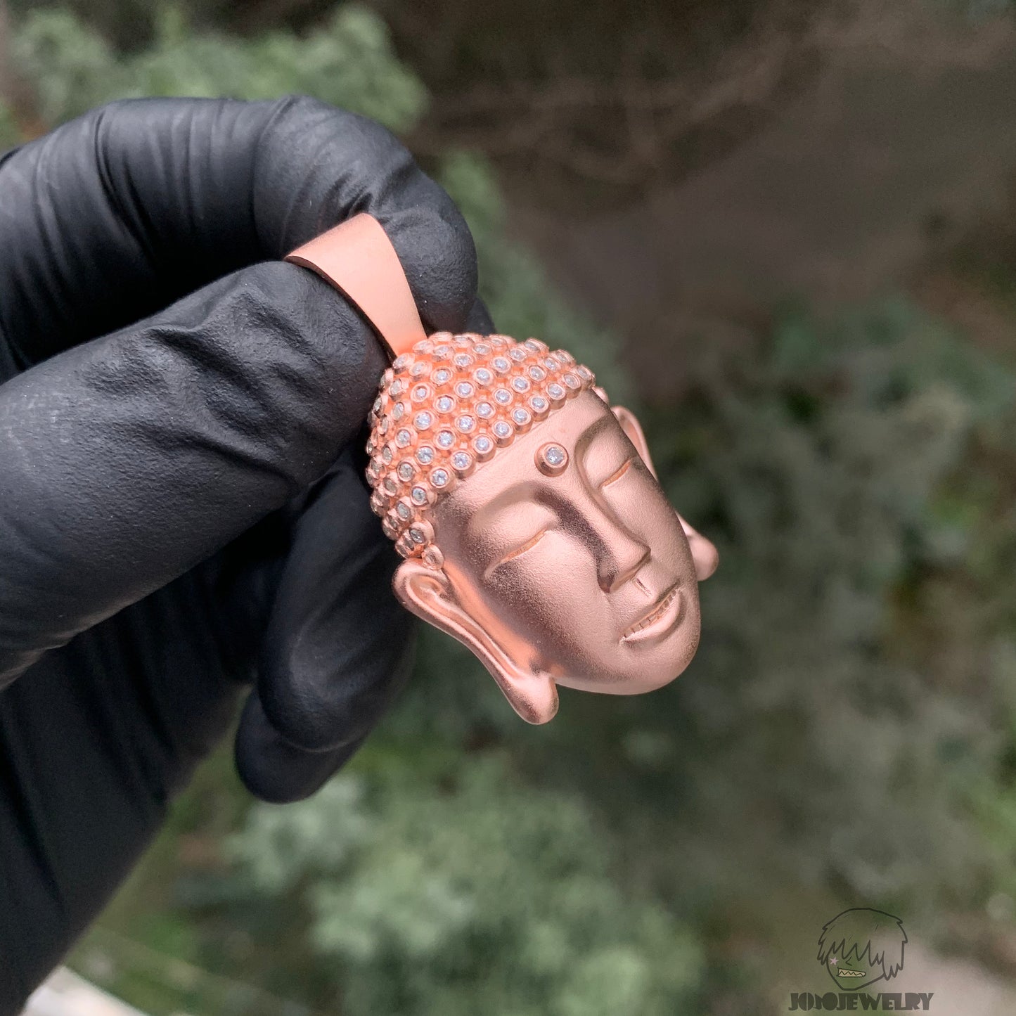 Rose Gold Buddha Head Pendant – 925 Sterling Silver & Moissanite