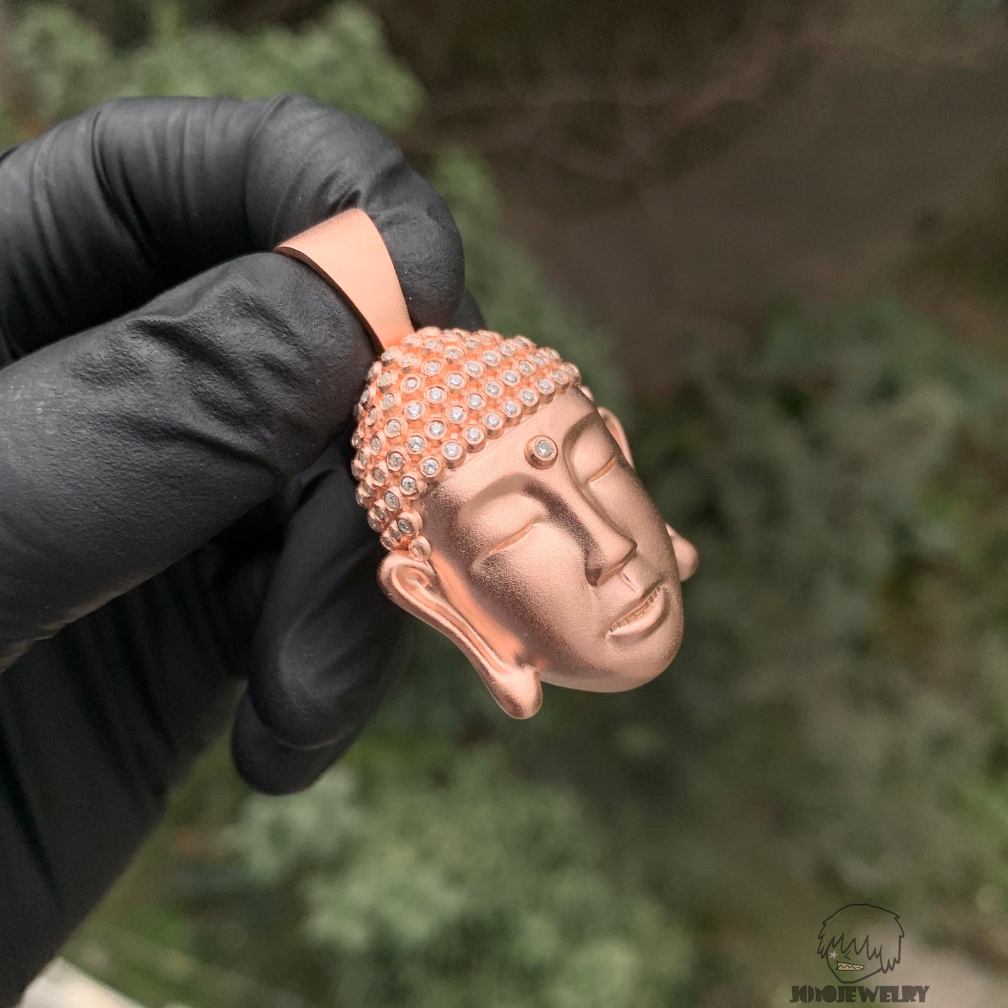 Rose Gold Buddha Head Pendant – 925 Sterling Silver & Moissanite