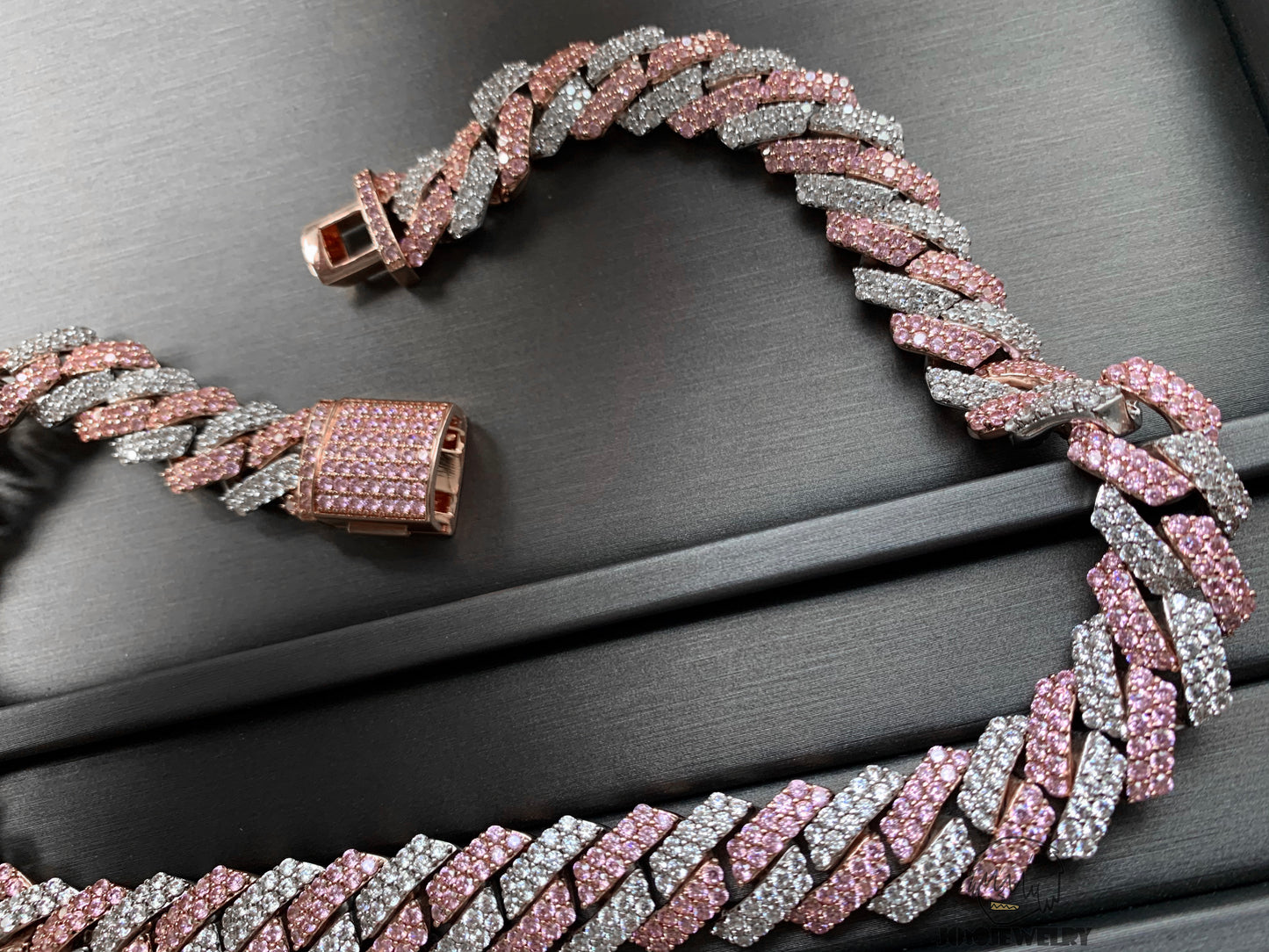 15mm 925 Silver Moissanite Two-Tone Pink & White Cuban Chain