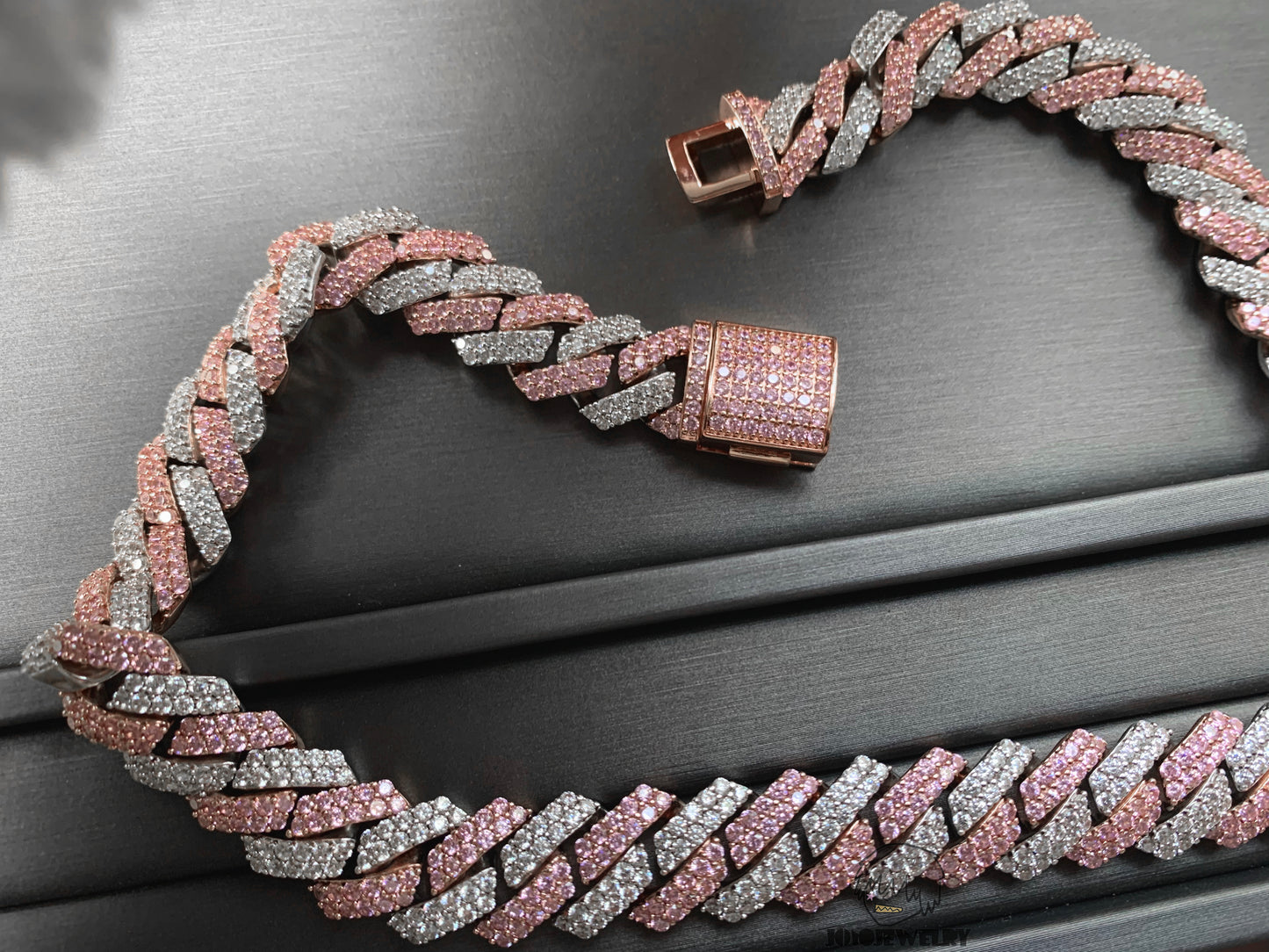 15mm 925 Silver Moissanite Two-Tone Pink & White Cuban Chain