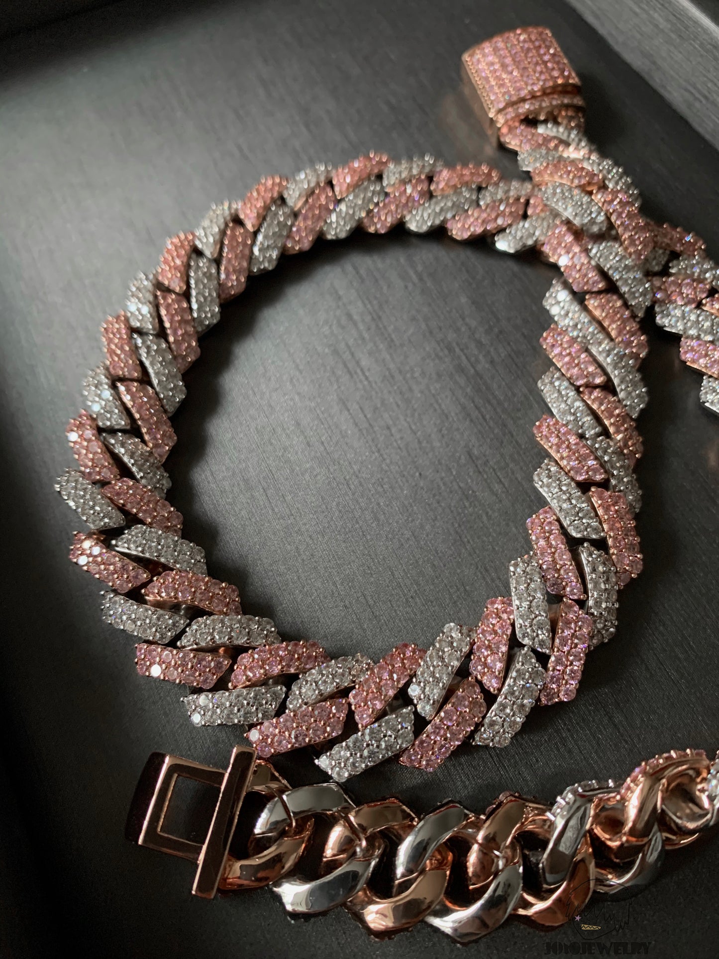 15mm 925 Silver Moissanite Two-Tone Pink & White Cuban Chain