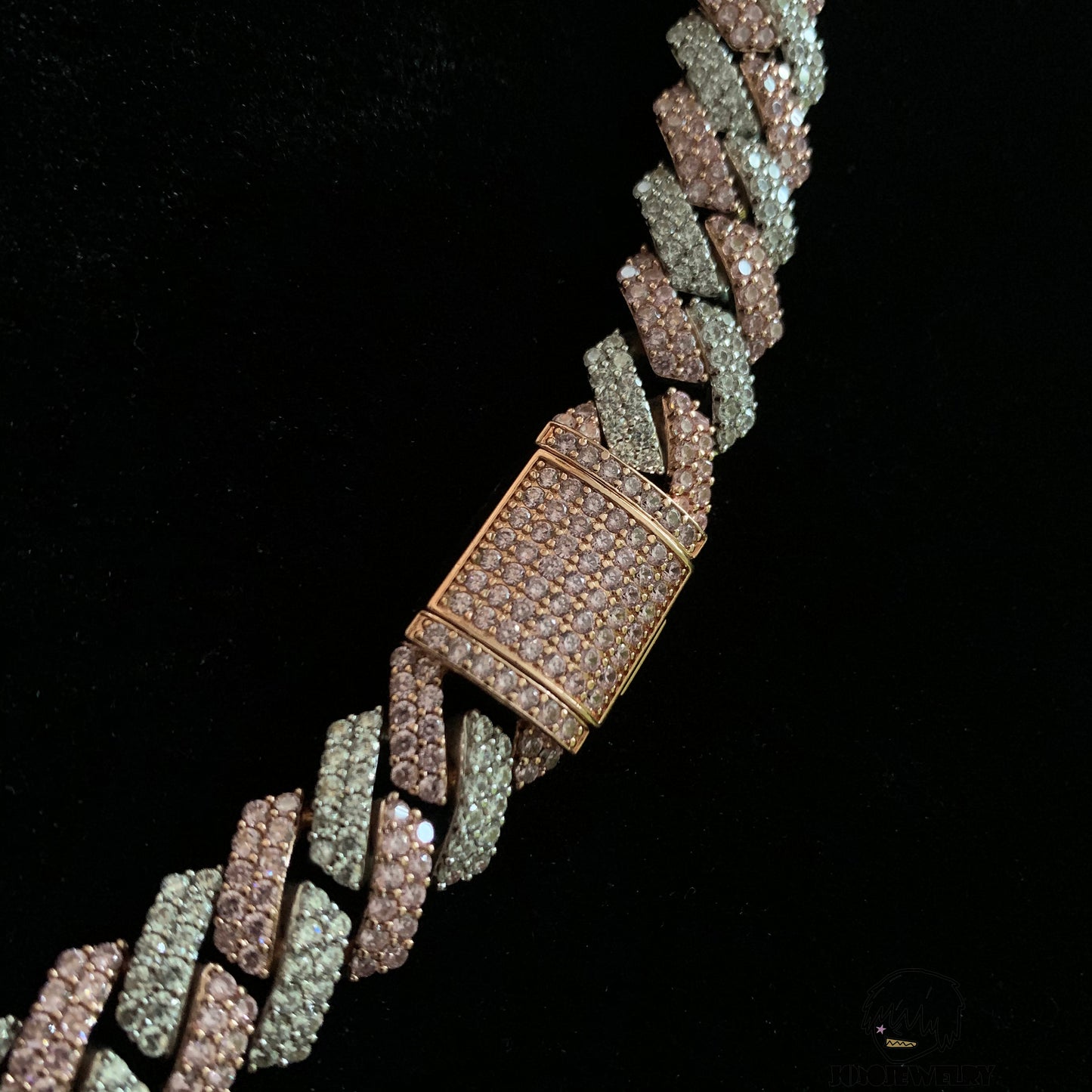 15mm 925 Silver Moissanite Two-Tone Pink & White Cuban Chain