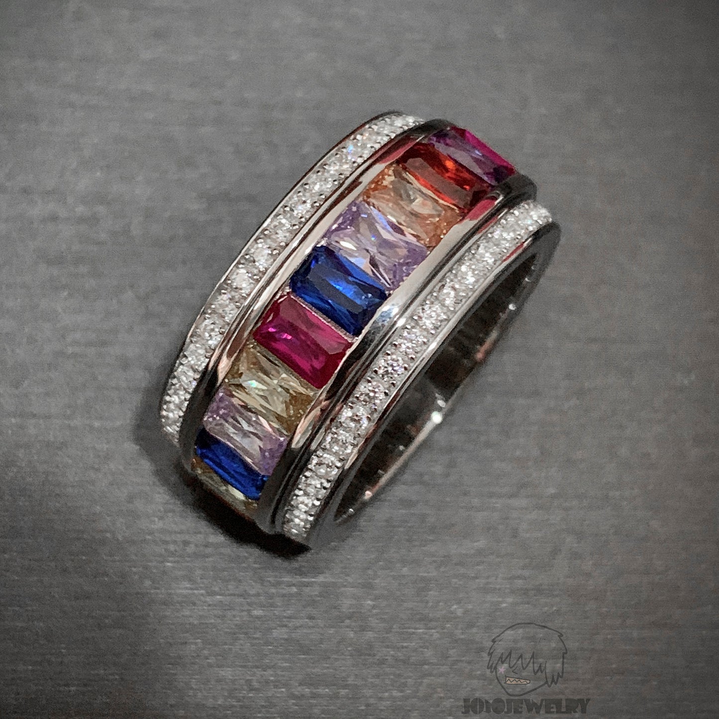 15mm Colorful Rotating Moissanite Ring – 925 Sterling Silver