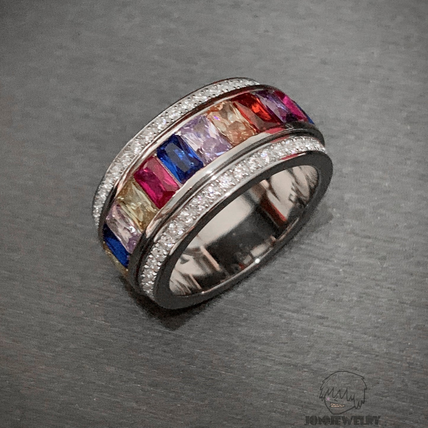 15mm Colorful Rotating Moissanite Ring – 925 Sterling Silver
