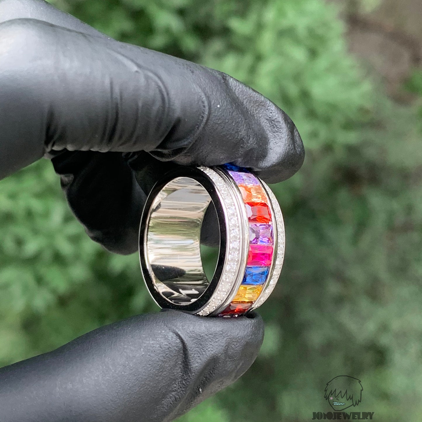 15mm Colorful Rotating Moissanite Ring – 925 Sterling Silver