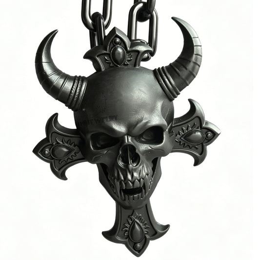 Cross Goat-Horn Demon Skull Pendant Necklace