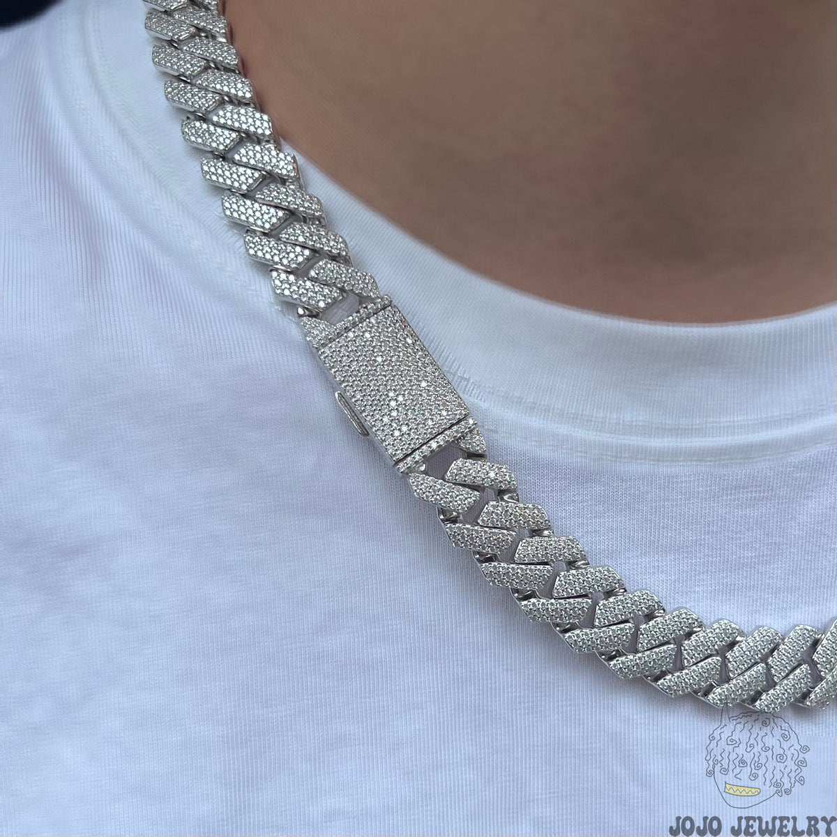 14mm Solid Silver 3-Row Moissanite Diamond-Cut Miami Cuban Link Chain