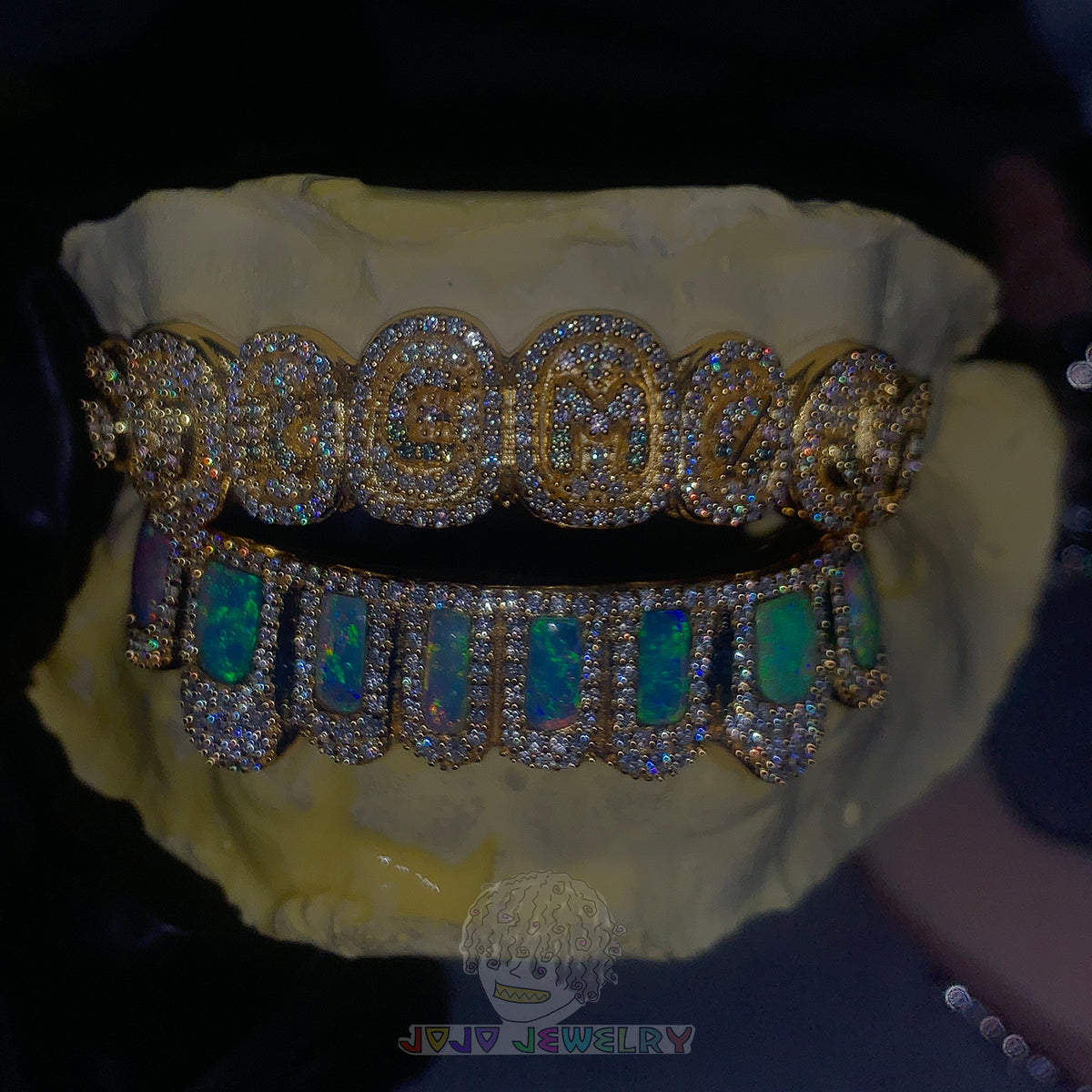 Custom Iced Out Gold Grillz with Opal Inlay