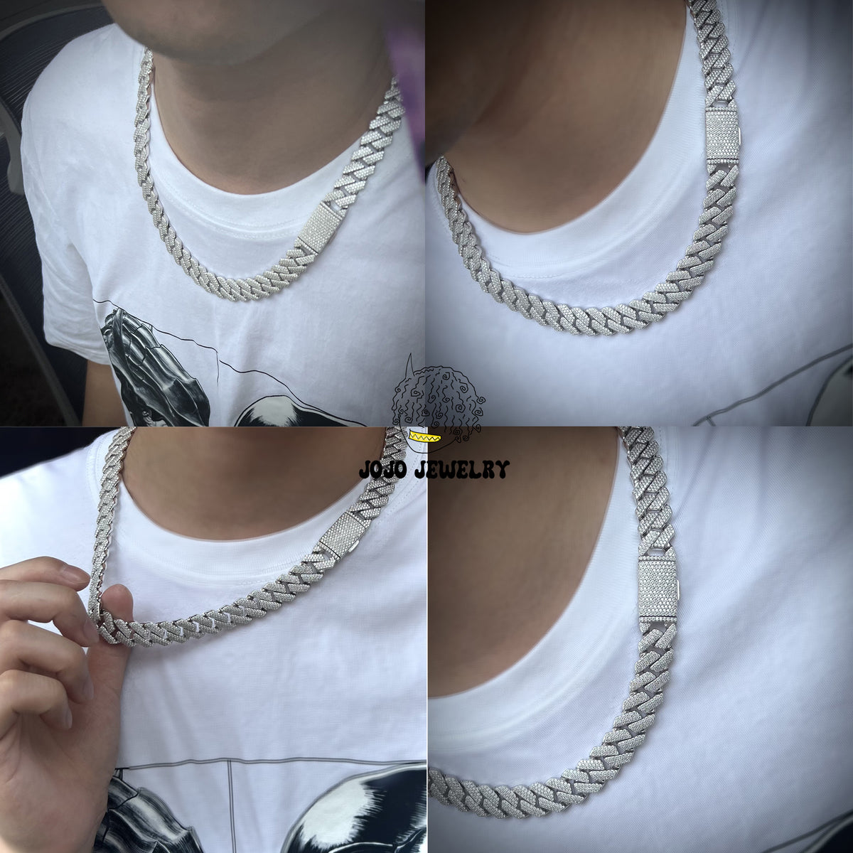 14mm Solid Silver 3-Row Moissanite Diamond-Cut Miami Cuban Link Chain