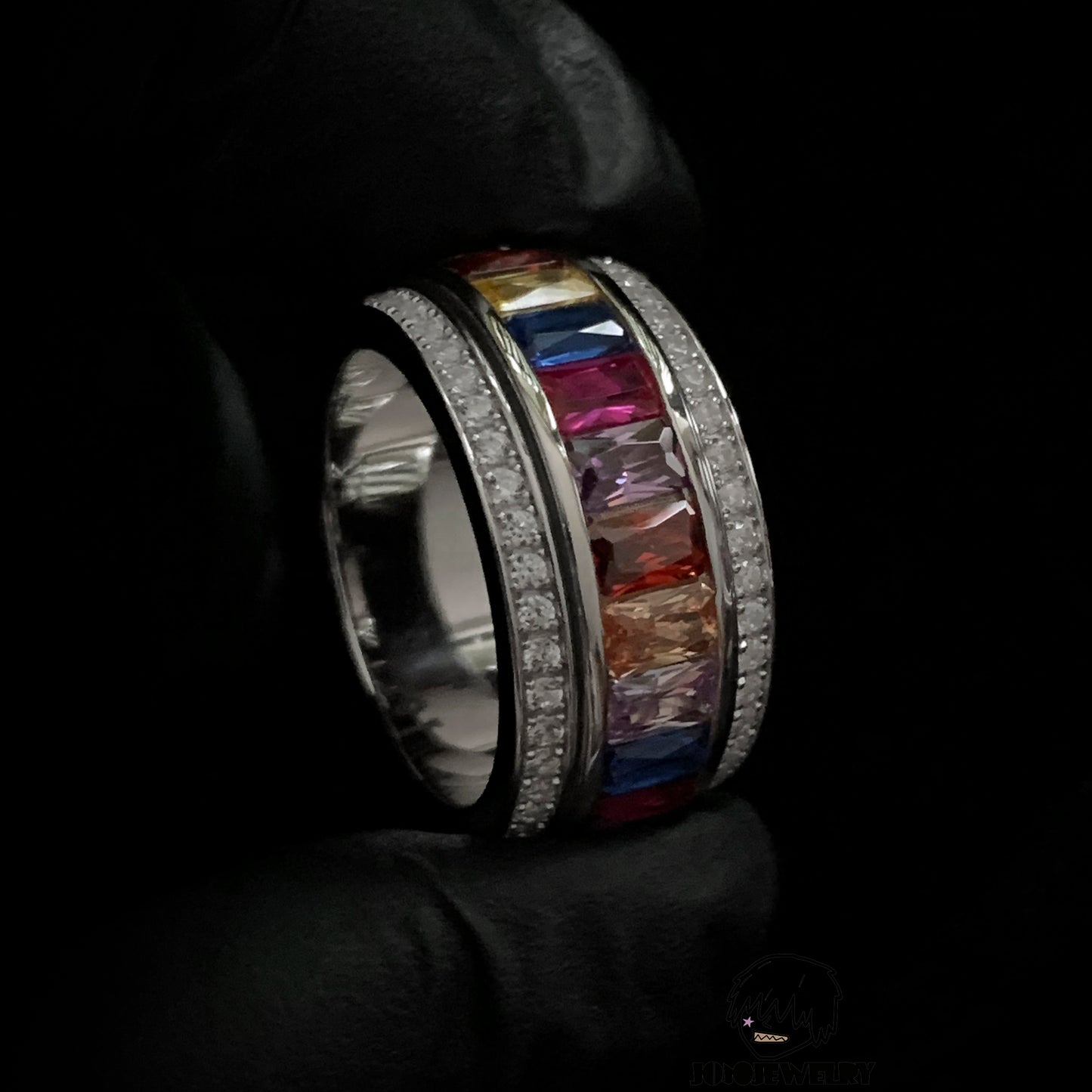 15mm Colorful Rotating Moissanite Ring – 925 Sterling Silver