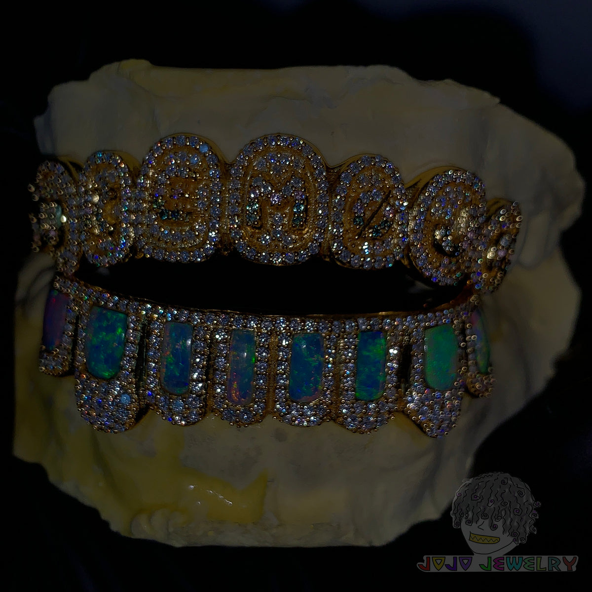 Custom Iced Out Gold Grillz with Opal Inlay