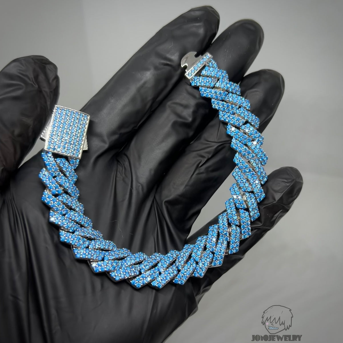 12mm Solid Silver Blue Spinel Stone Cuban Link Chain Bracelet