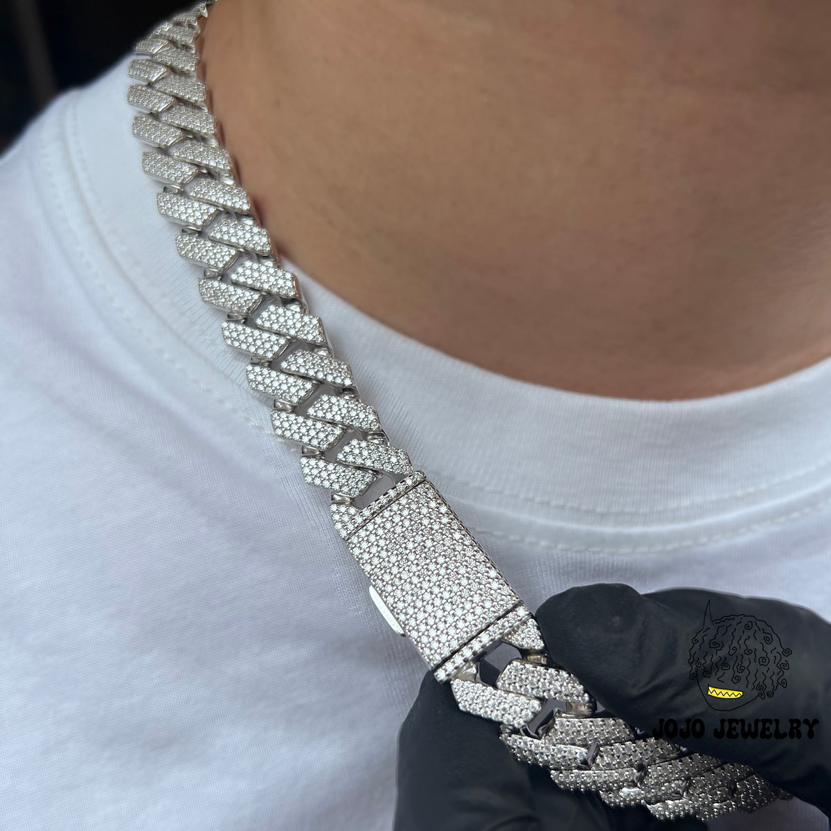 14mm Solid Silver 3-Row Moissanite Diamond-Cut Miami Cuban Link Chain