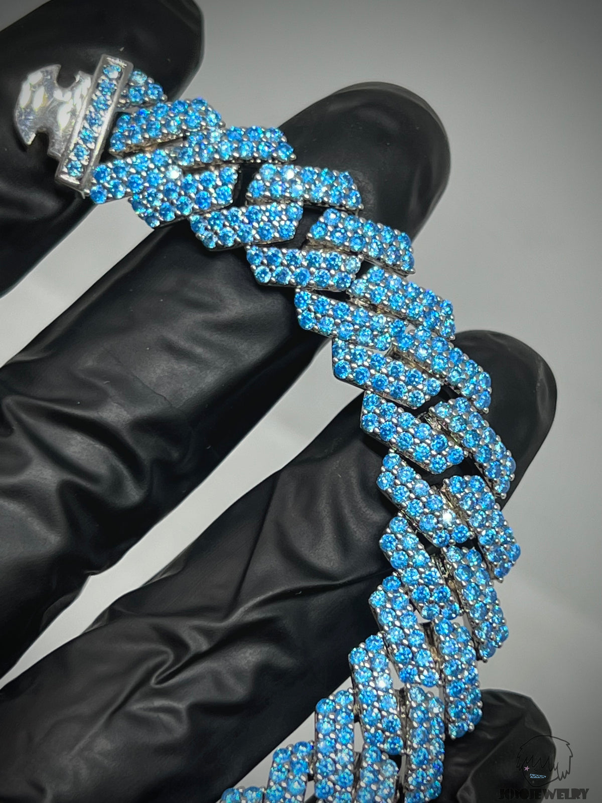 12mm Solid Silver Blue Spinel Stone Cuban Link Chain Bracelet
