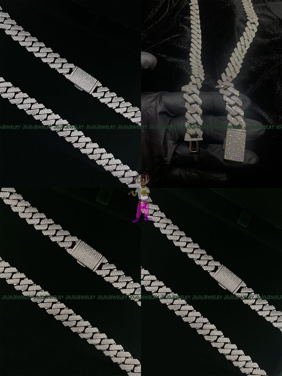 14mm Solid Silver 3-Row Moissanite Diamond-Cut Miami Cuban Link Chain