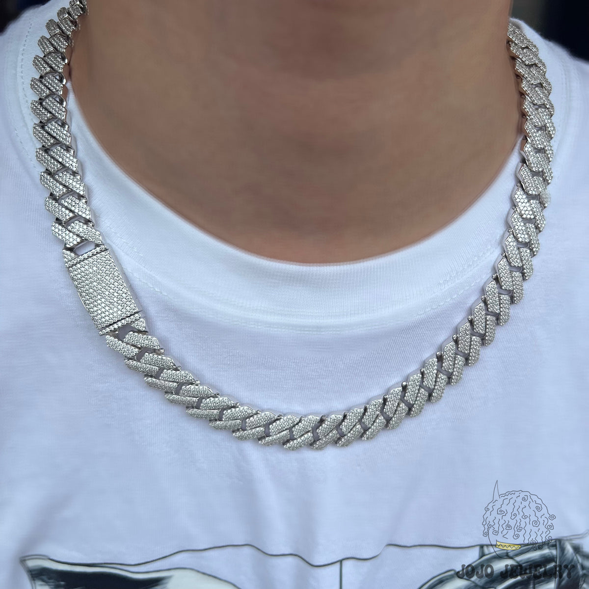 14mm Solid Silver 3-Row Moissanite Diamond-Cut Miami Cuban Link Chain