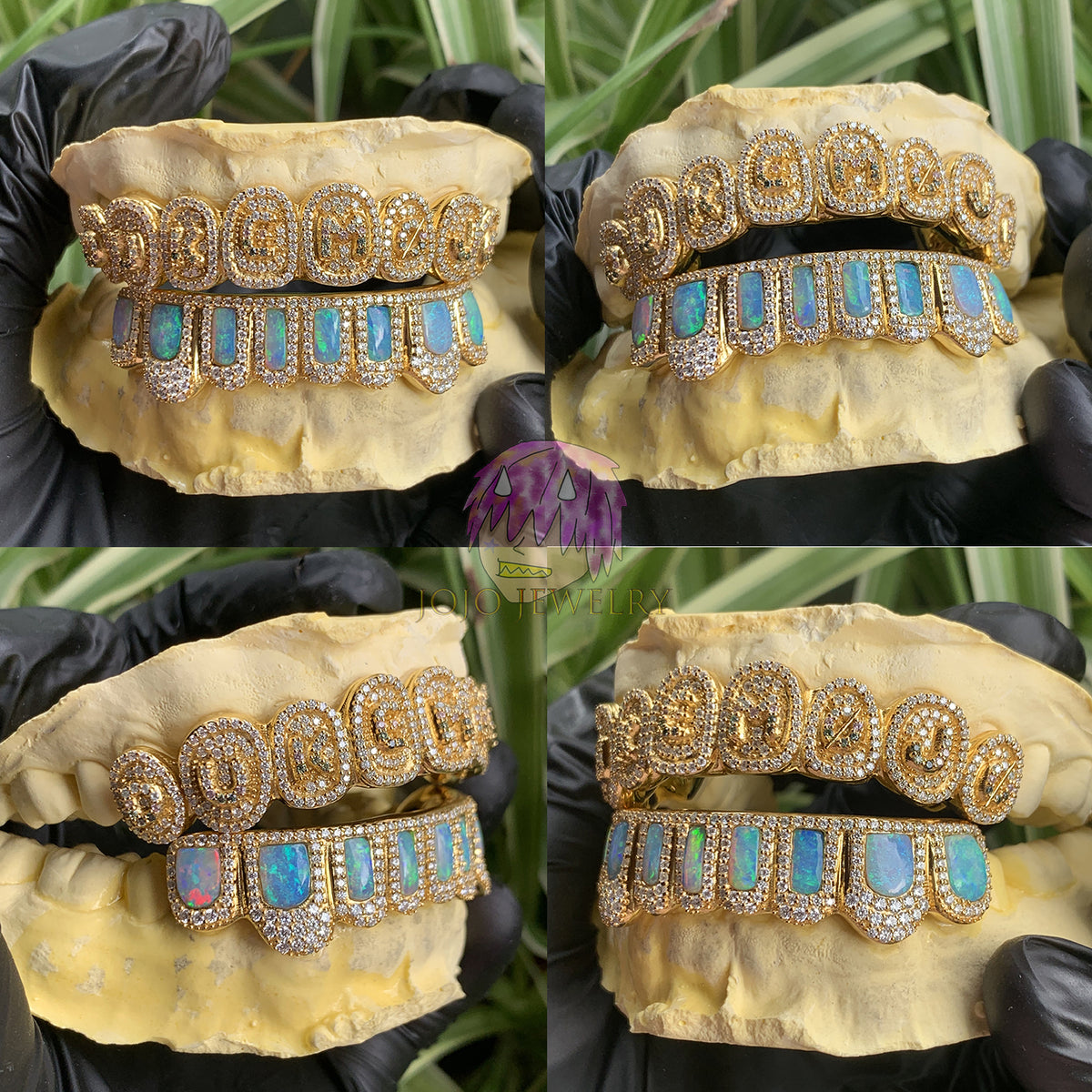 Custom Iced Out Gold Grillz with Opal Inlay