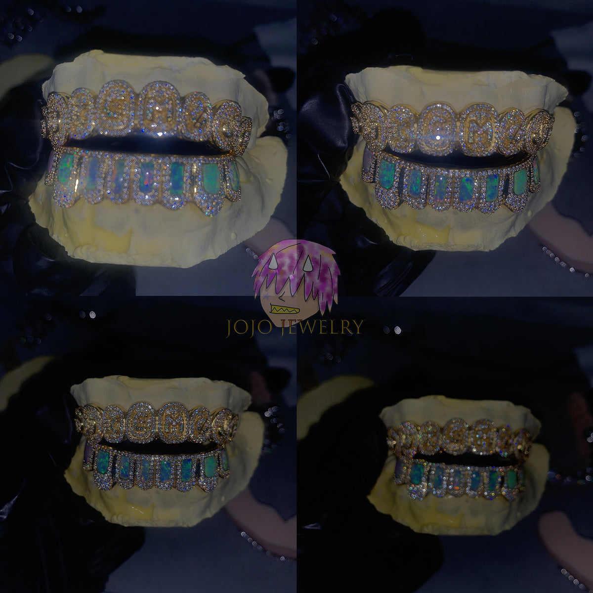 Custom Iced Out Gold Grillz with Opal Inlay