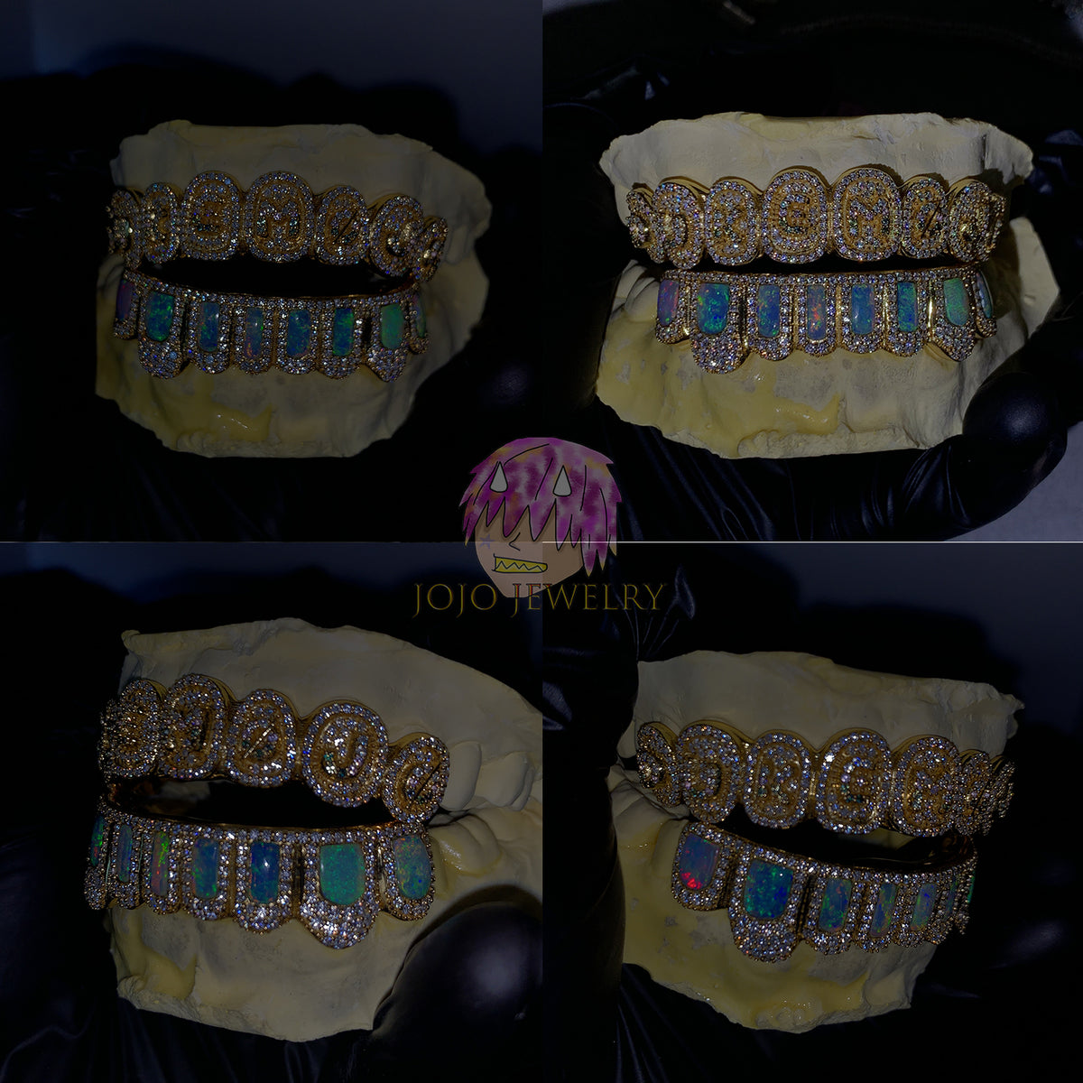 Custom Iced Out Gold Grillz with Opal Inlay