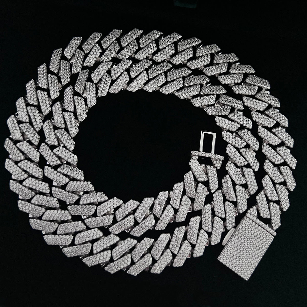 14mm Solid Silver 3-Row Moissanite Diamond-Cut Miami Cuban Link Chain