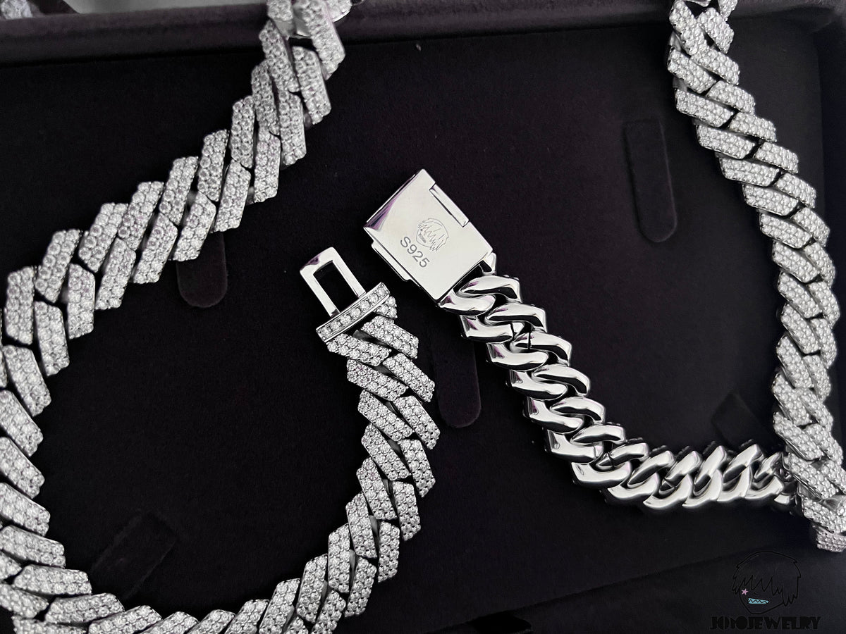 14mm Solid Silver Moissanite 2-Row Diamond-Cut Miami Cuban Link Chain