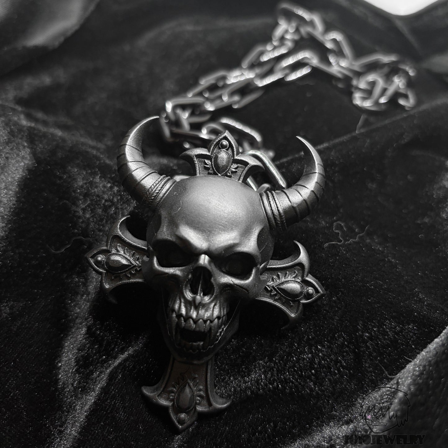 Cross Goat-Horn Demon Skull Pendant Necklace