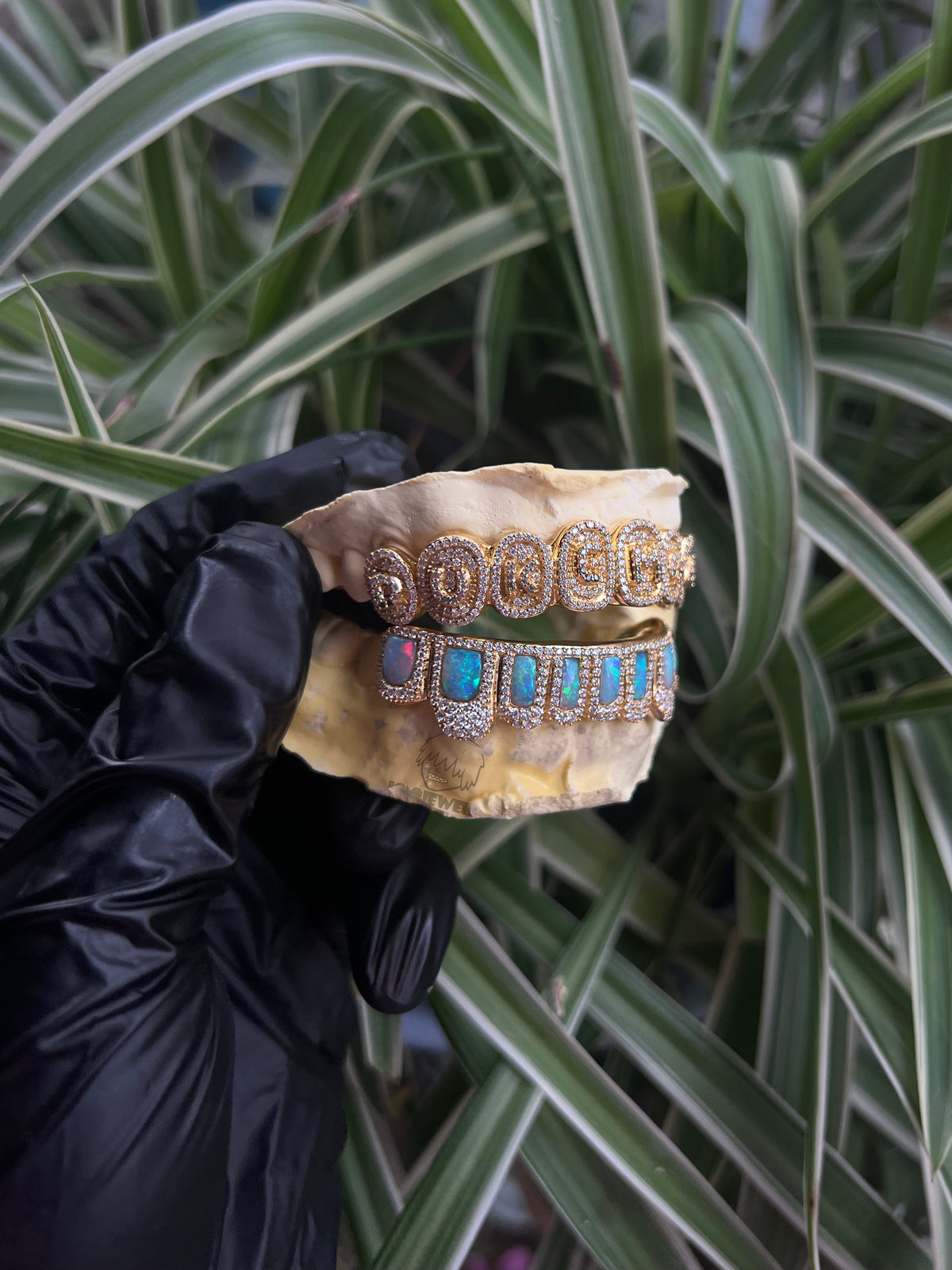 Custom Iced Out Gold Grillz with Opal Inlay
