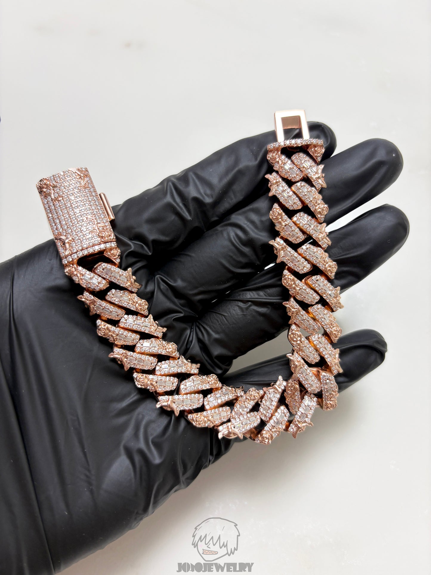 16mm Baguette Rose & Dove Cuban Link Chain Moissanite