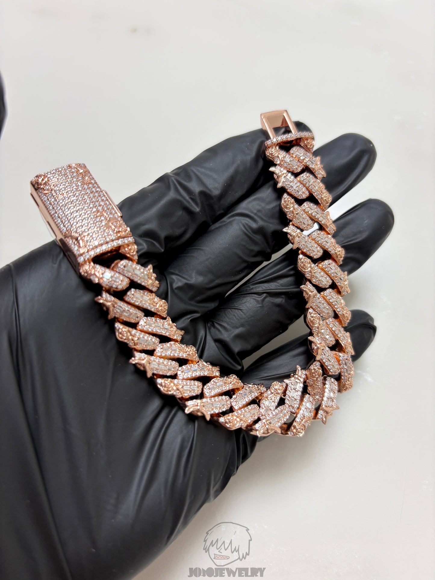 16mm Baguette Rose & Dove Cuban Link Chain Moissanite