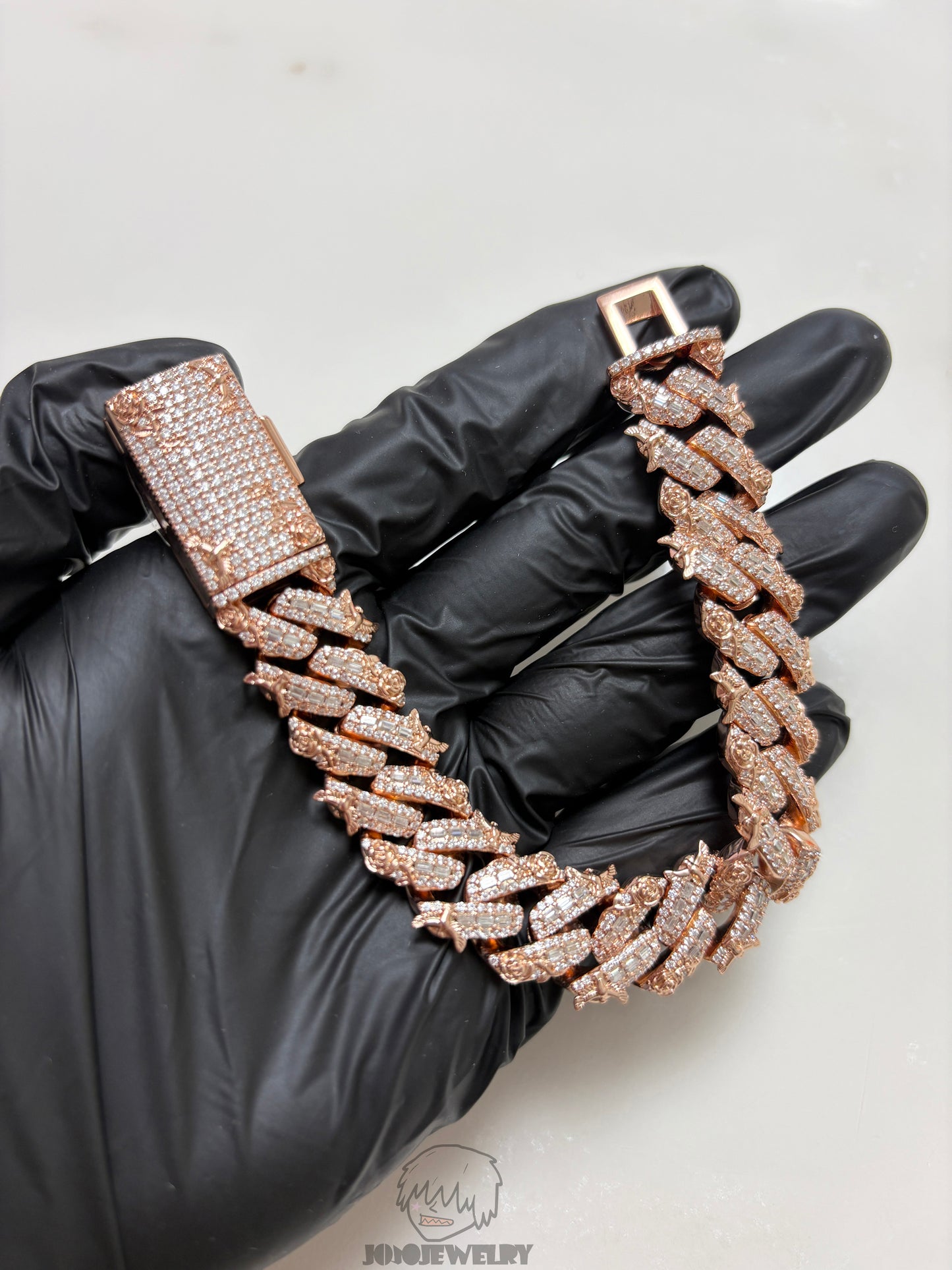 16mm Baguette Rose & Dove Cuban Link Chain Moissanite