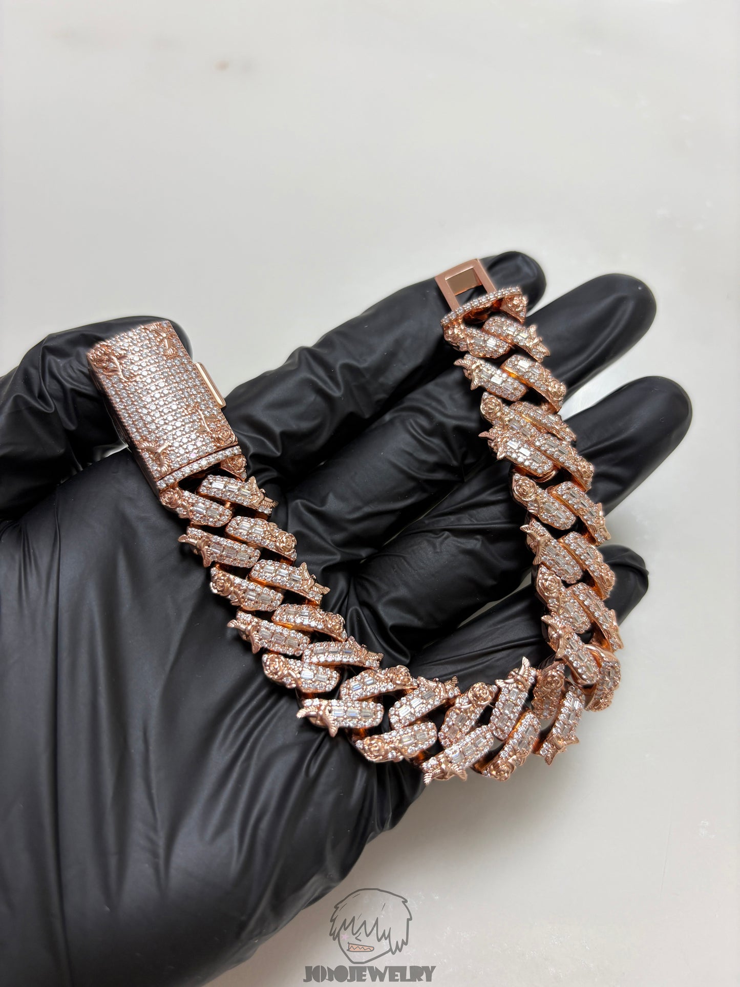 16mm Baguette Rose & Dove Cuban Link Chain Moissanite
