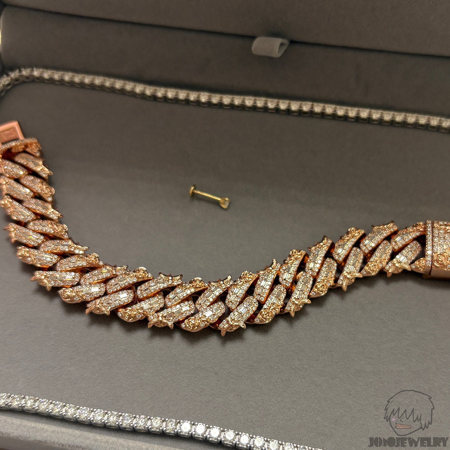 16mm Baguette Rose & Dove Cuban Link Chain Moissanite