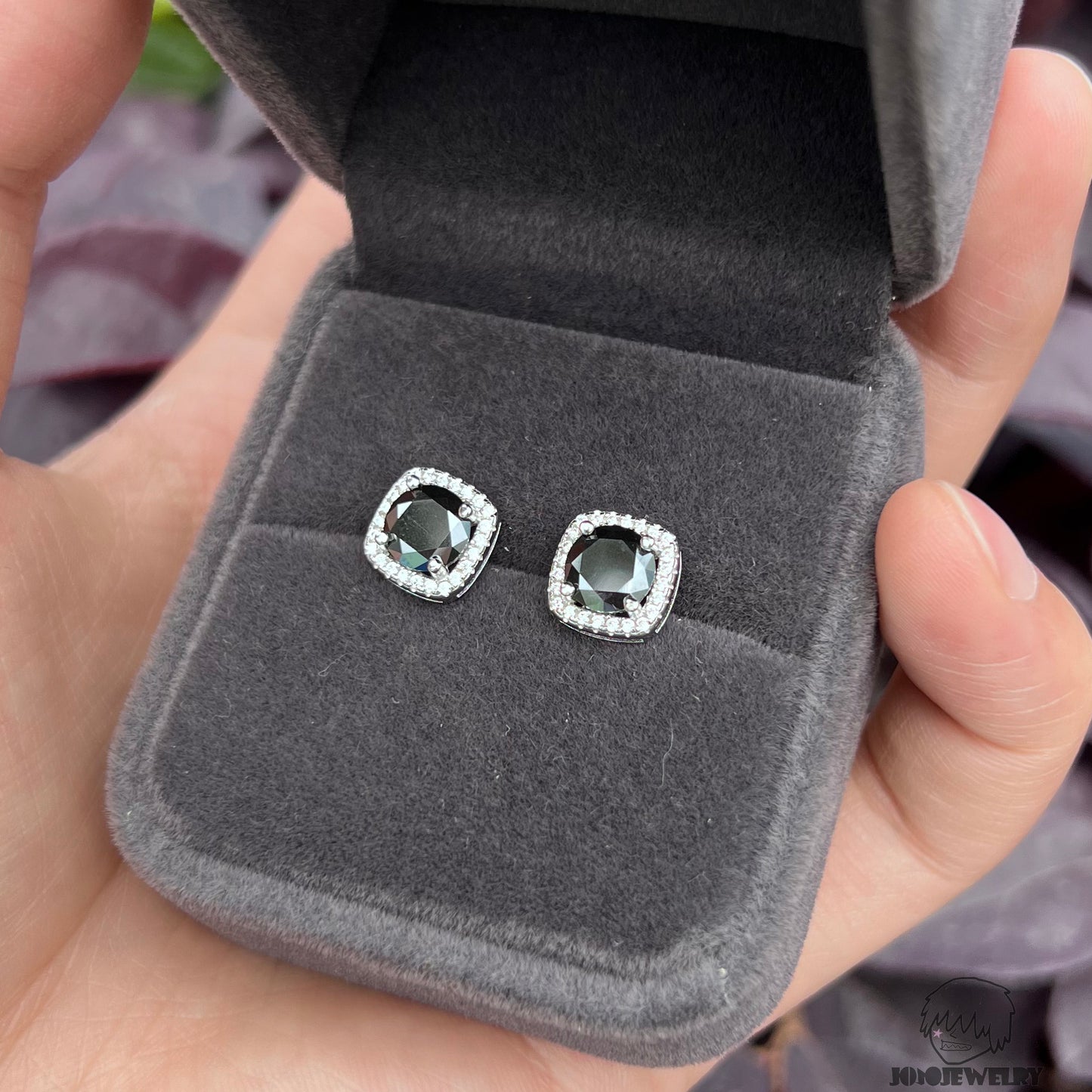 Black Round Halo Moissanite Stud Earrings