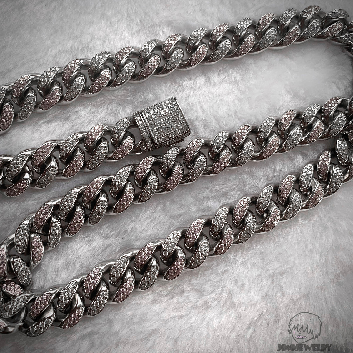12mm 925 Sterling Silver Moissanite & Pink Corundum Two-Tone Cuban Link Chain