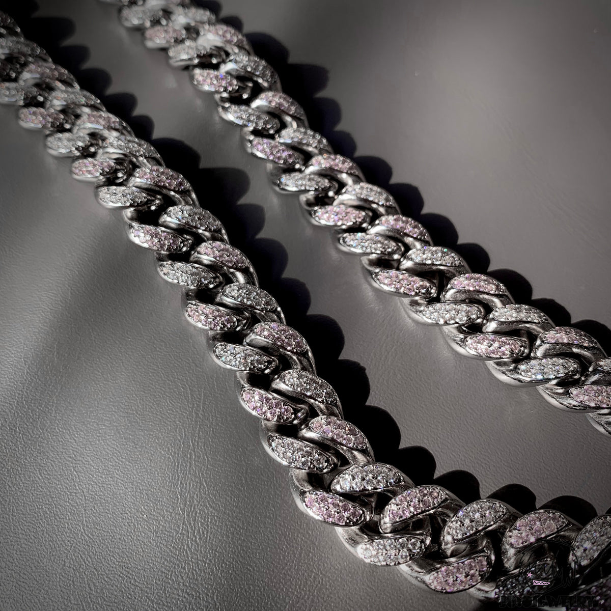 12mm 925 Sterling Silver Moissanite & Pink Corundum Two-Tone Cuban Link Chain