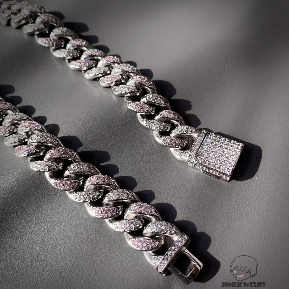 12mm 925 Sterling Silver Moissanite & Pink Corundum Two-Tone Cuban Link Chain