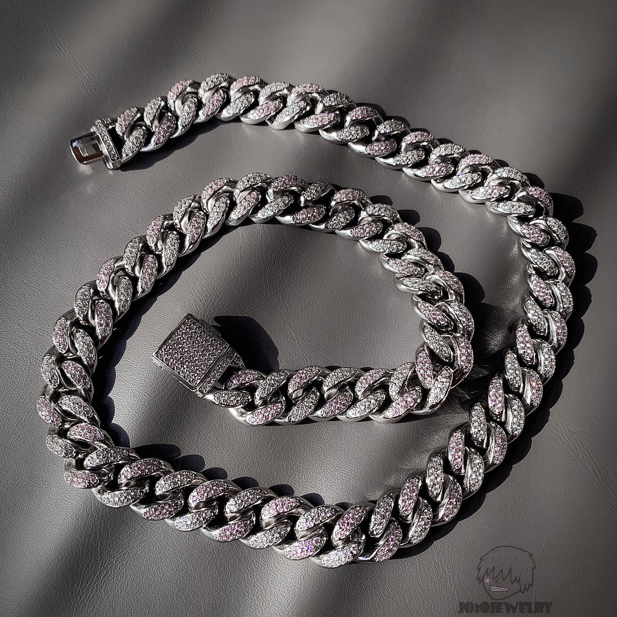 12mm 925 Sterling Silver Moissanite & Pink Corundum Two-Tone Cuban Link Chain