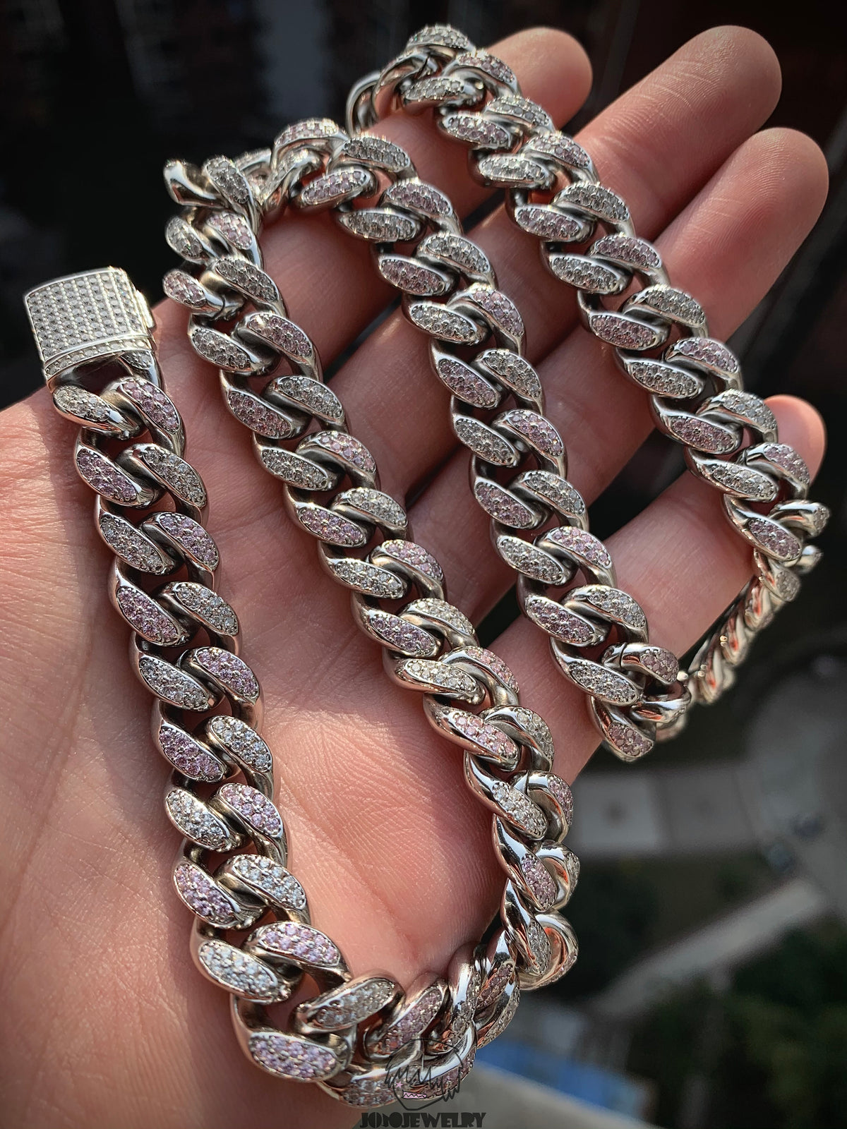 12mm 925 Sterling Silver Moissanite & Pink Corundum Two-Tone Cuban Link Chain